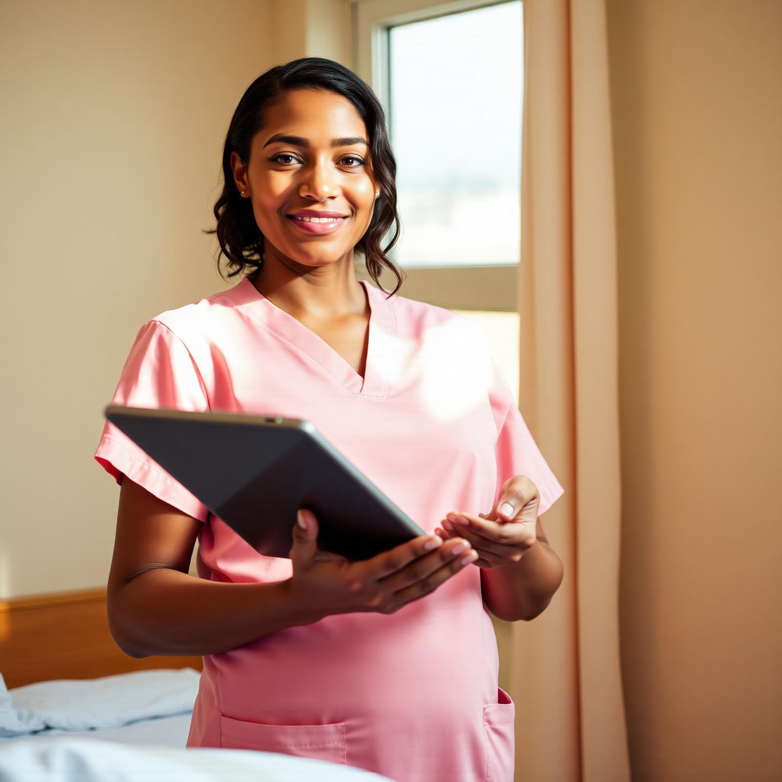 A labor and delivery nurse holding a tablet in warm window light
